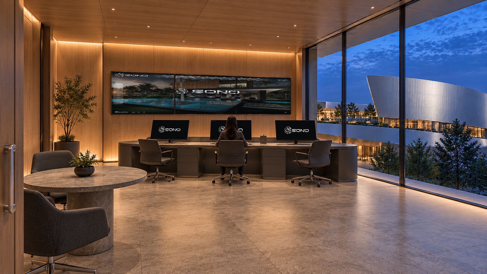 A reimagined office interior with a glass wall and city view at dusk