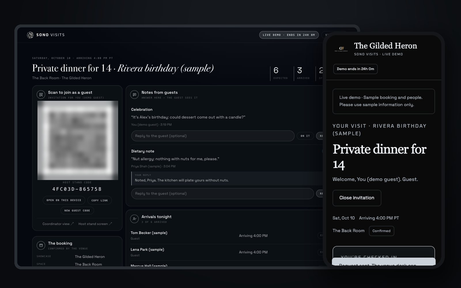 SonoXR Visits: a host’s screen with guest notes and arrivals beside a guest’s phone with their visit (sample)