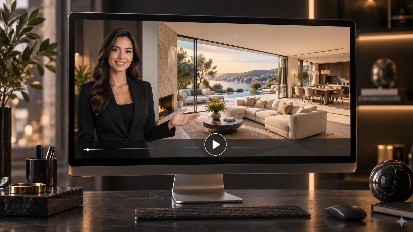 Digital presenter guiding a property tour in a video panel