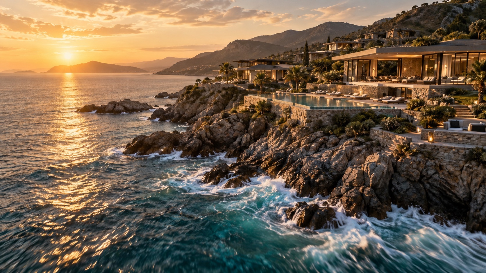 A coastal location at sunset