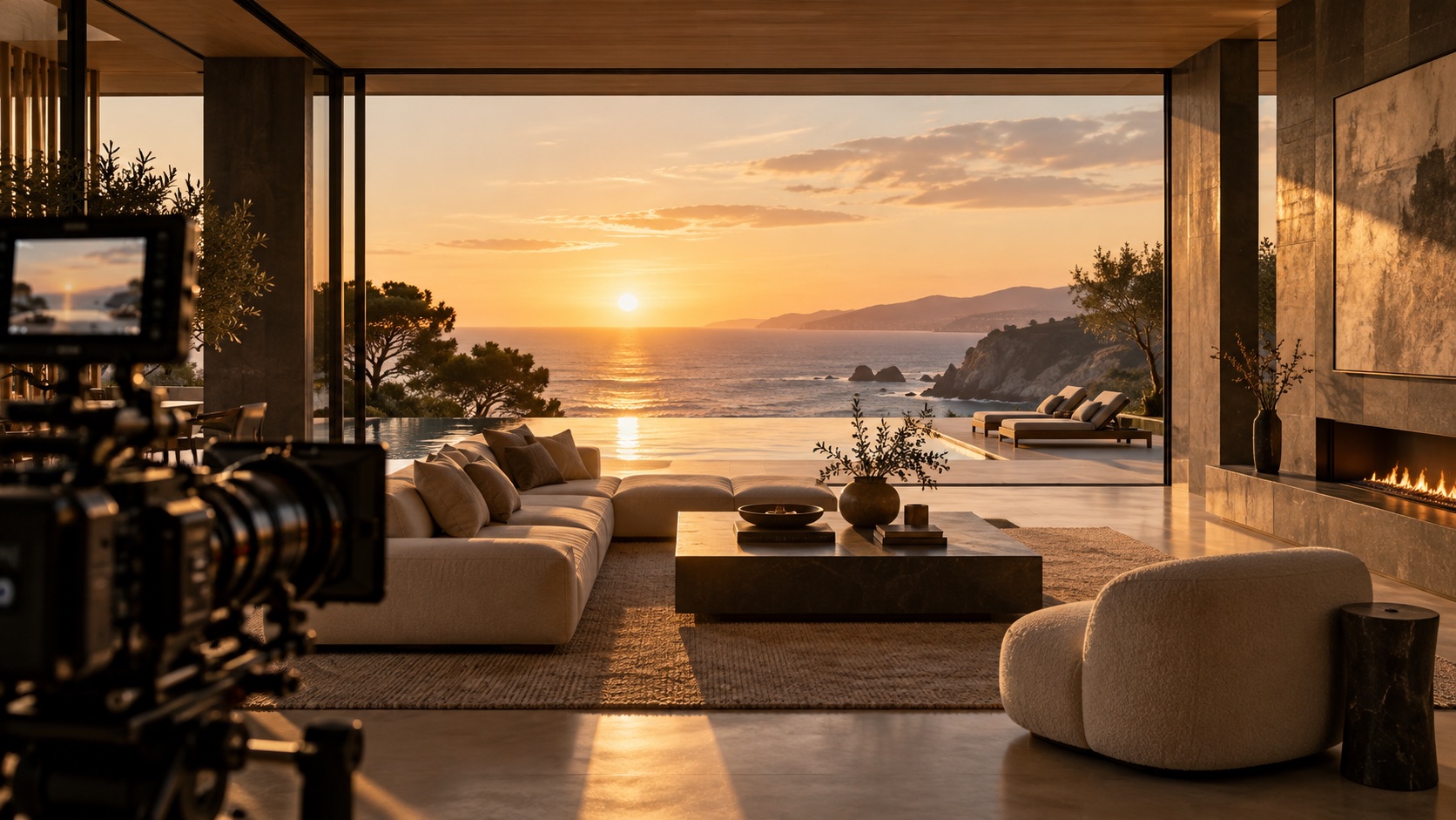 A lounge at sunset with a camera set up