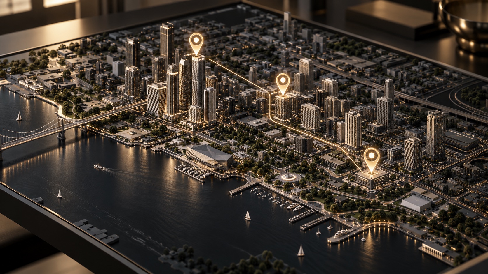 A 3D city map with location pins