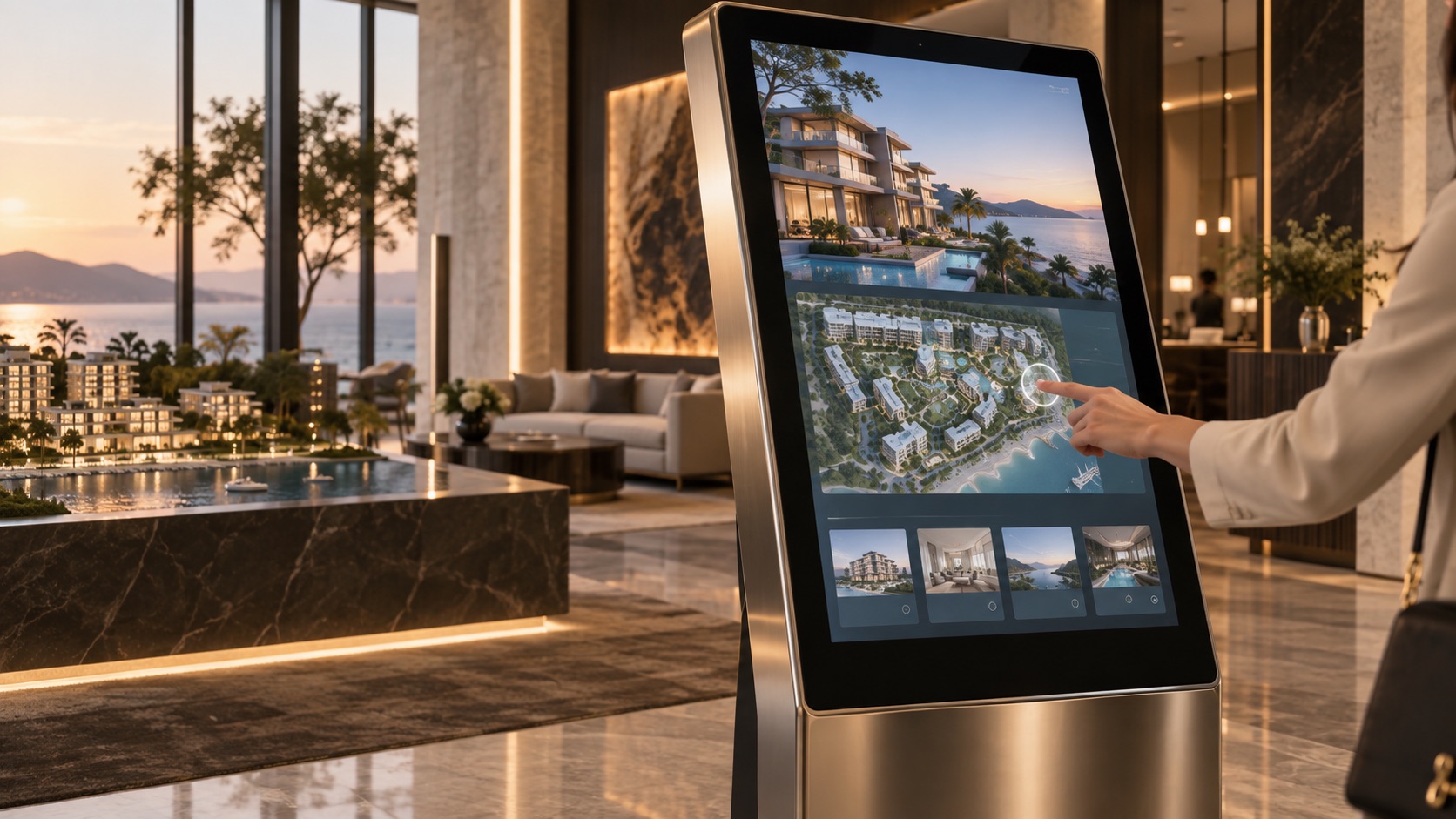 Interactive property touchscreen kiosk in a sales-center lobby