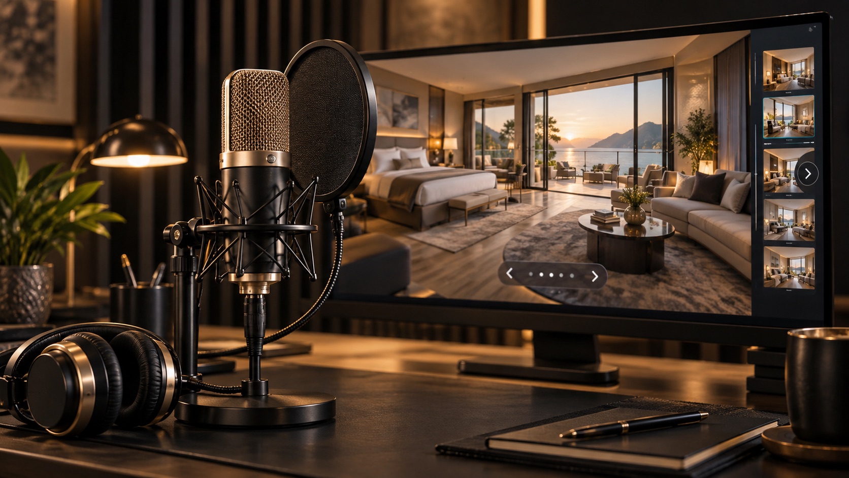 Studio microphone beside a narrated property tour screen